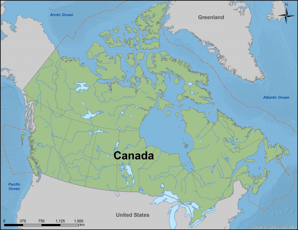 Map of Canada and its oceans.